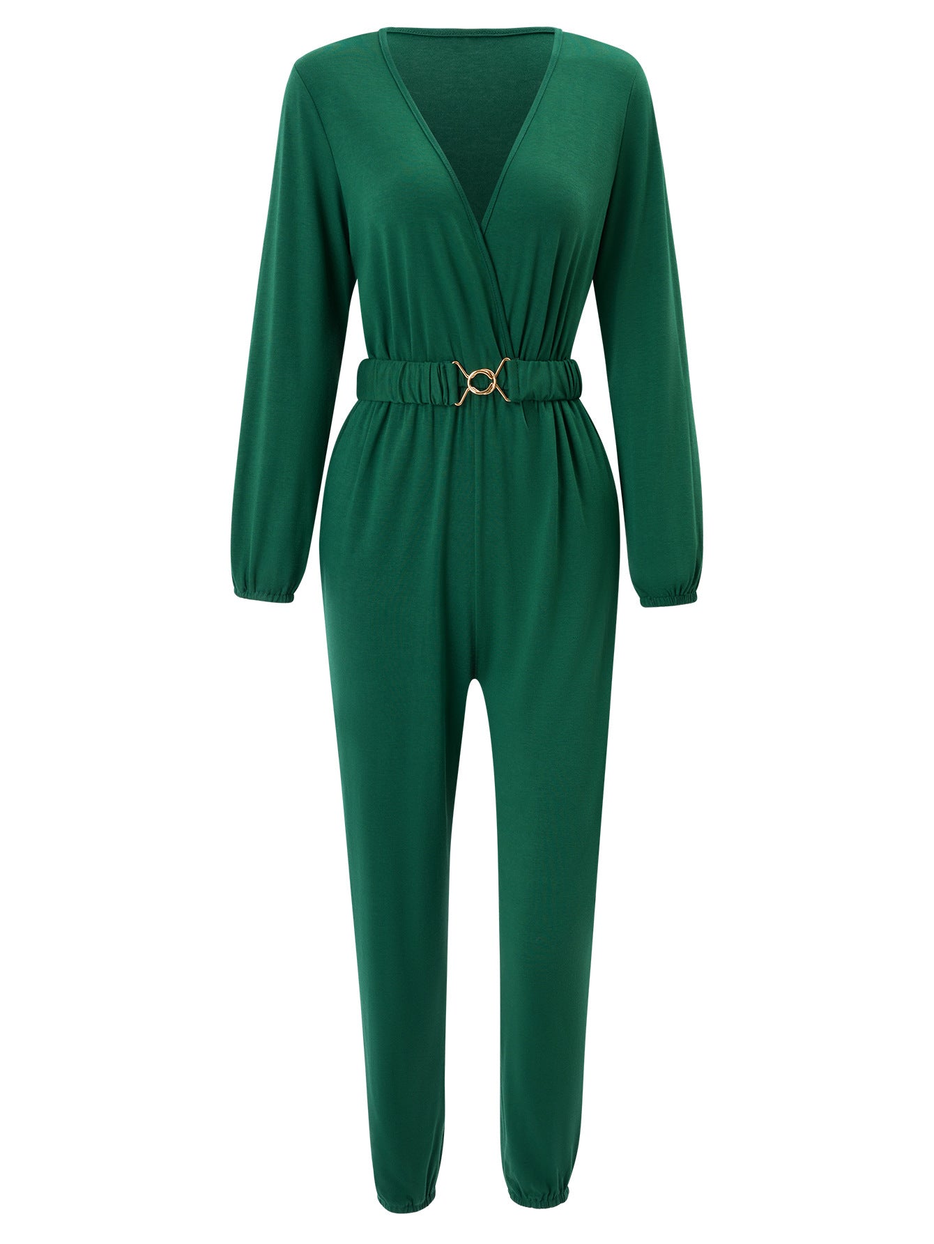 Women's V-neck Long-sleeved Belt Jumpsuit