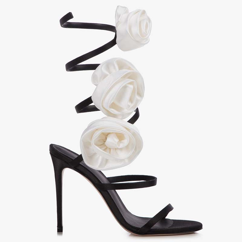 Lace-up Stiletto Heel Round Toe Flower Decorative Women's Sandals