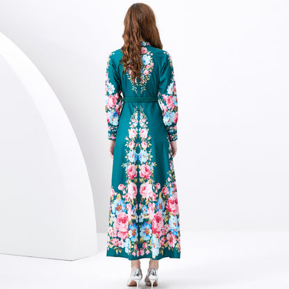 Retro Stand Collar Single-breasted Lantern Sleeve Printed Wide Swing Long Dress