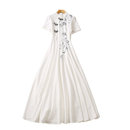 White Bamboo Leaf Printing New National Fashion Stand Collar Dress