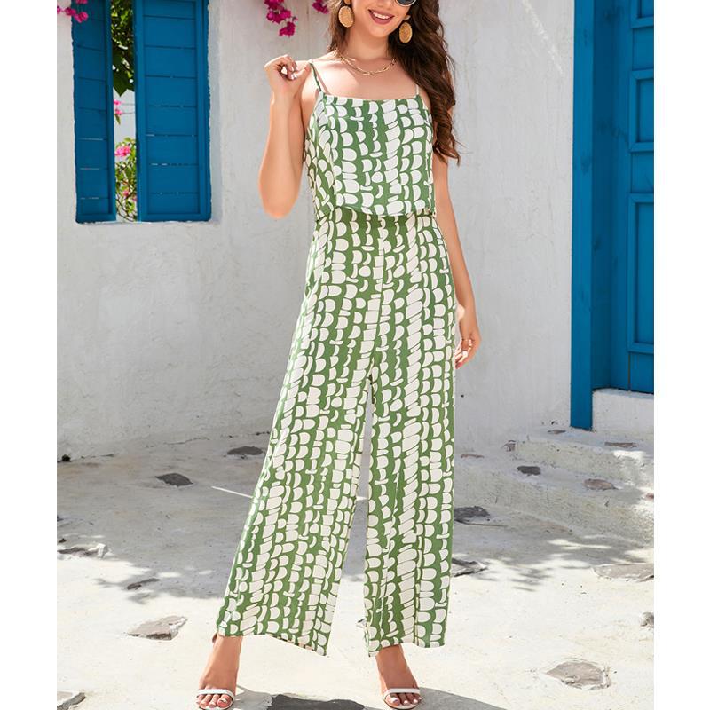 Summer Rayon Printed High Waist Camisole Wide Leg Pants Sanya Beach Vacation Women's Jumpsuit