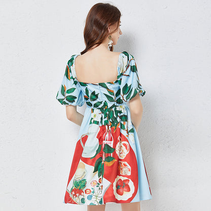 Positioning Printed Square Collar Stereo Puff Sleeve Dress