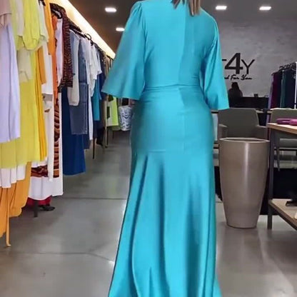 Vestido suelto de color sólido plisado con cuello en V de moda europea y americana