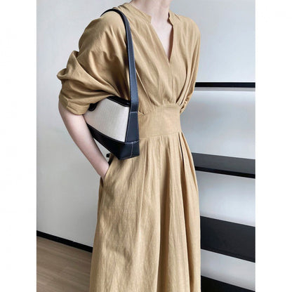 French Style Temperament Collar Waist-tight Slimming Slim Fit Long Dress For Vacation