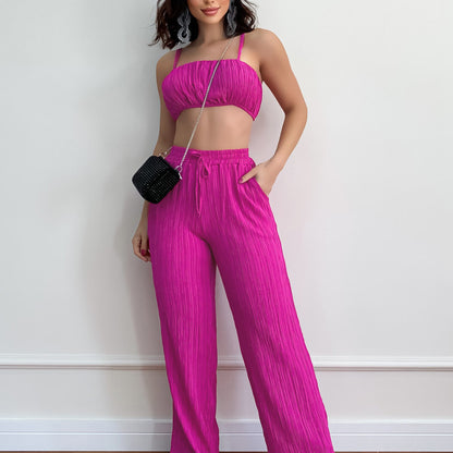 Summer Suit Solid Color Sleeveless Suspender Pleated Fabric Trousers Two-piece Set