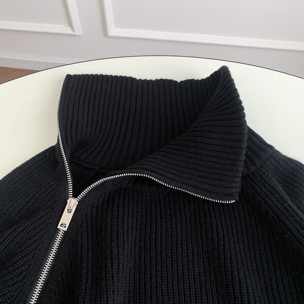 Cardigan tricoté noir à fermeture éclair latérale, pull ample épais en chameau