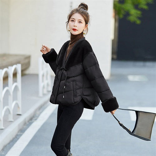 Down Cotton-padded Coat Mink Fur Stitching Warm Coat For Women