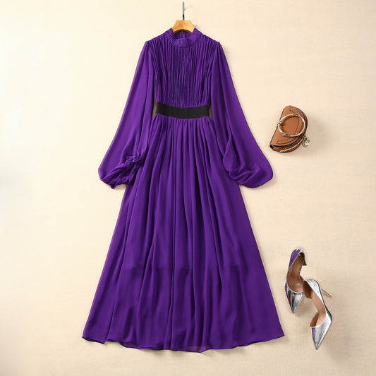 Stand-up Collar Puff Sleeve Oversized Chiffon Dress