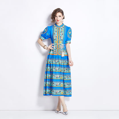 Retro Cotton And Linen Stand-up Collar Puff Sleeve Printed Dress