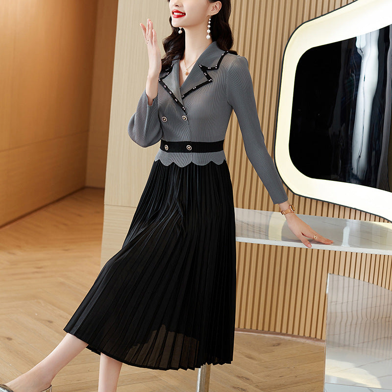 Suit Collar Double Breasted Waist Slimming Plus Size Stitching Fashion Dress