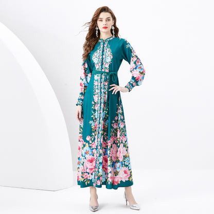 Retro Stand Collar Single-breasted Lantern Sleeve Printed Wide Swing Long Dress