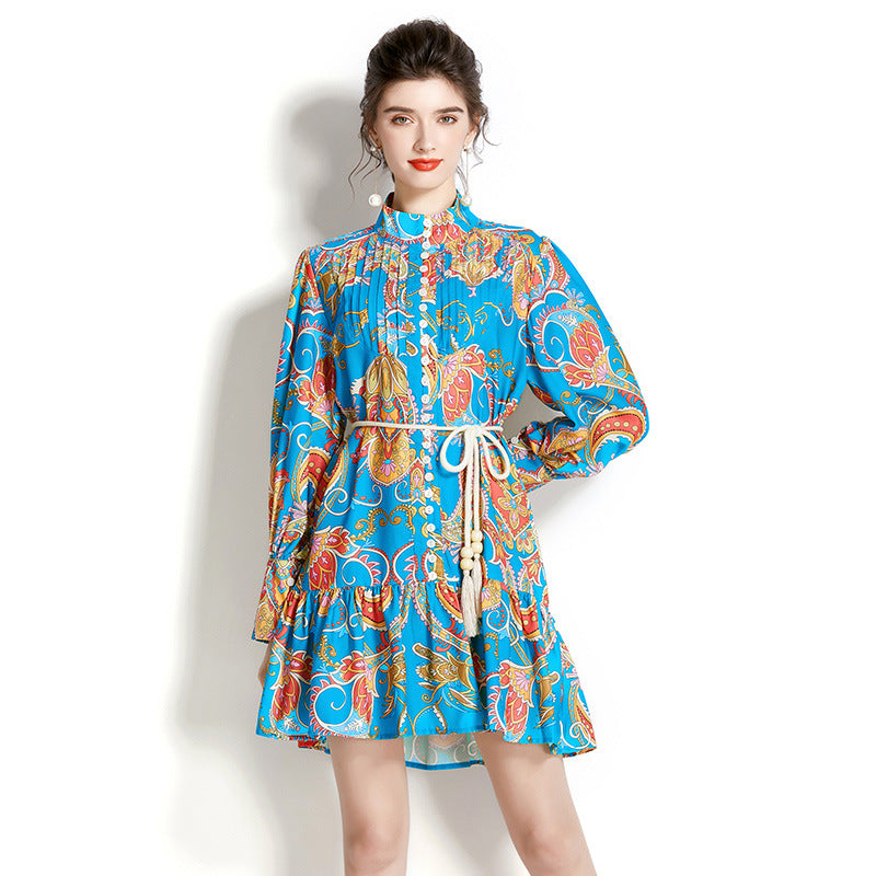 Retro Stand-up Collar Puff Sleeve Pleated Wavy Edge Short Print Dress