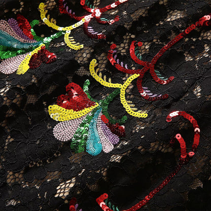 Colored Beads Embroidered Parrot Short Sleeve Lace Dress