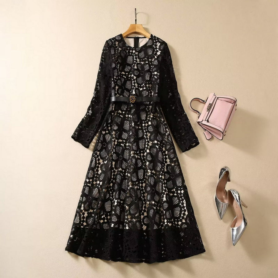 Water Soluble Crocheted Round-neck Long-sleeved Dress