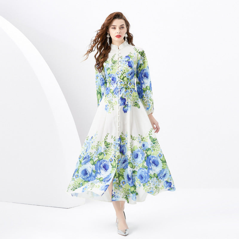 Retro Stand Collar Single-breasted Printed Wide Swing Long Dress