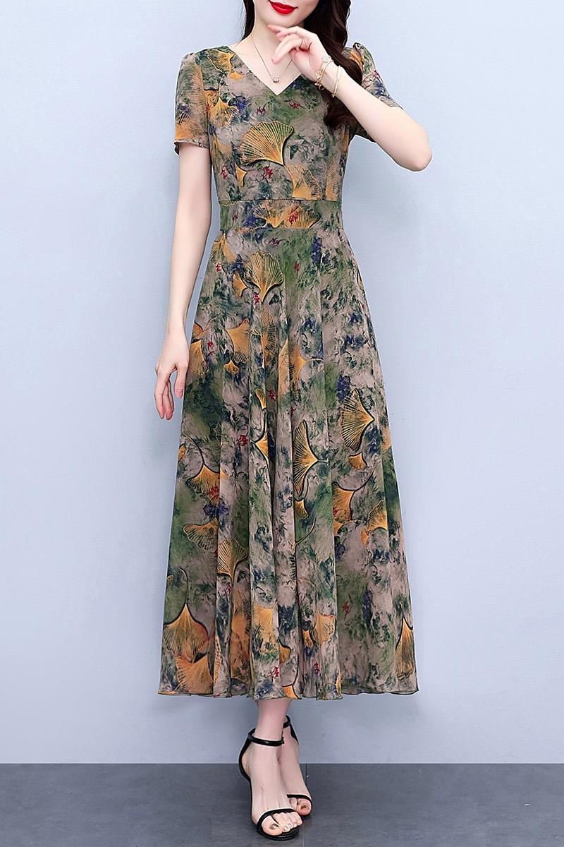 Spring And Autumn Chiffon Floral Dress Plus Size