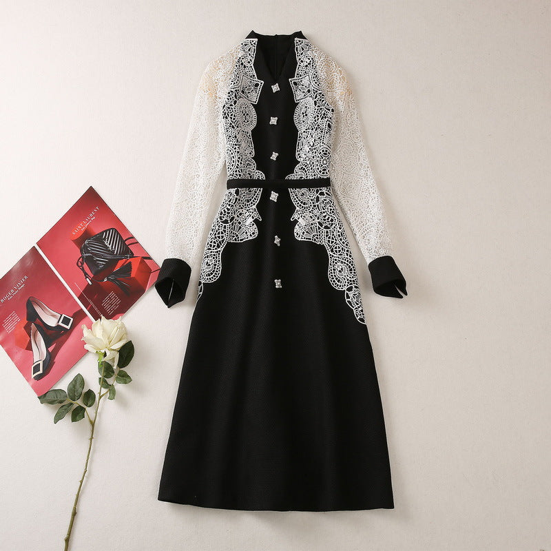 V-neck Pearl Rhinestone Buckle Jacquard Water Soluble Long Sleeve Dress