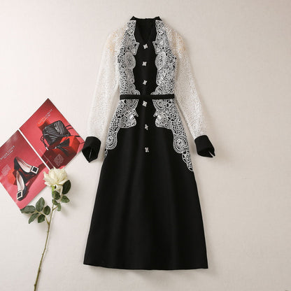 V-neck Pearl Rhinestone Buckle Jacquard Water Soluble Long Sleeve Dress