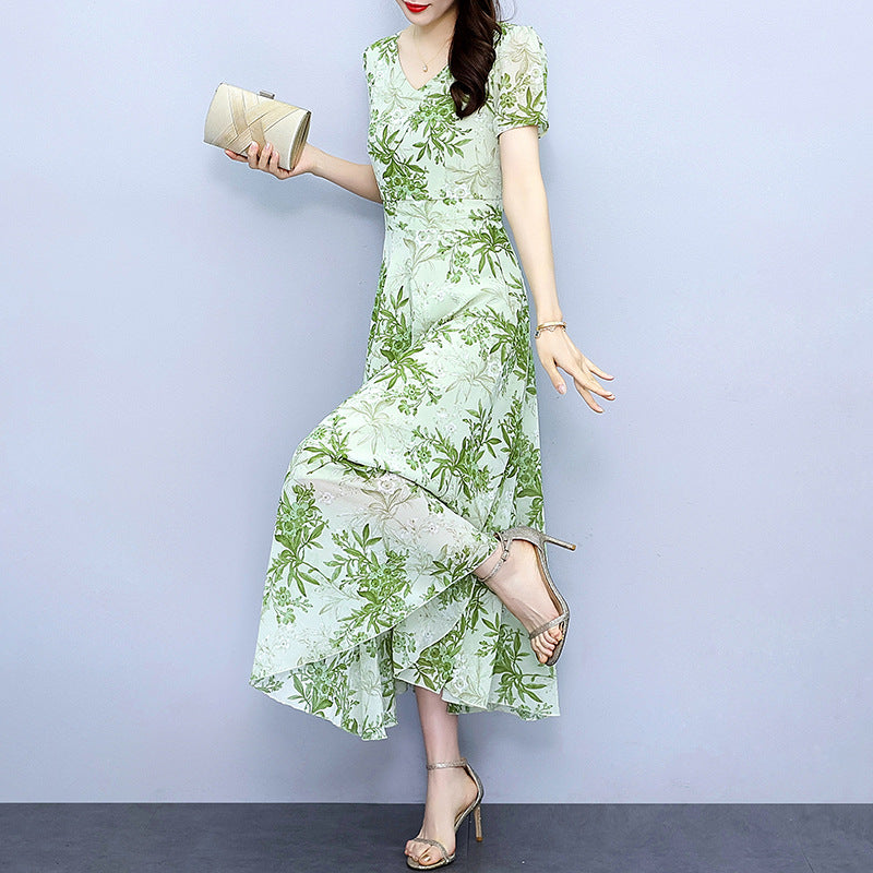 Spring And Autumn Chiffon Floral Dress