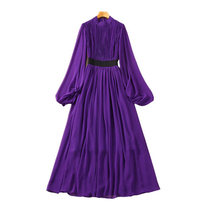 Stand-up Collar Puff Sleeve Oversized Chiffon Dress