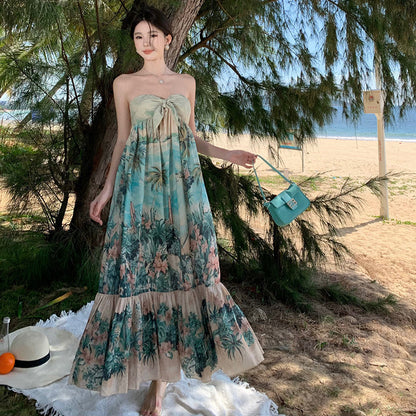 Vestido con top de tubo con hombros descubiertos Vacaciones junto al mar de primavera para mujer