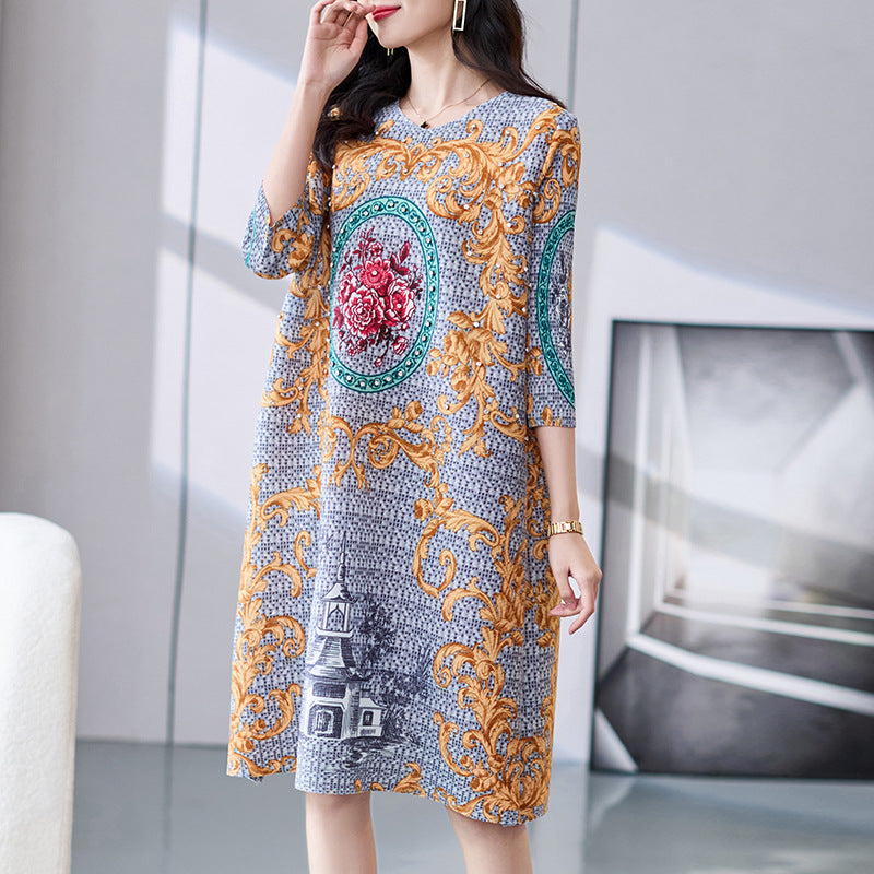 Printing Rhinestone Loose Temperament Slimming A- Line Skirt