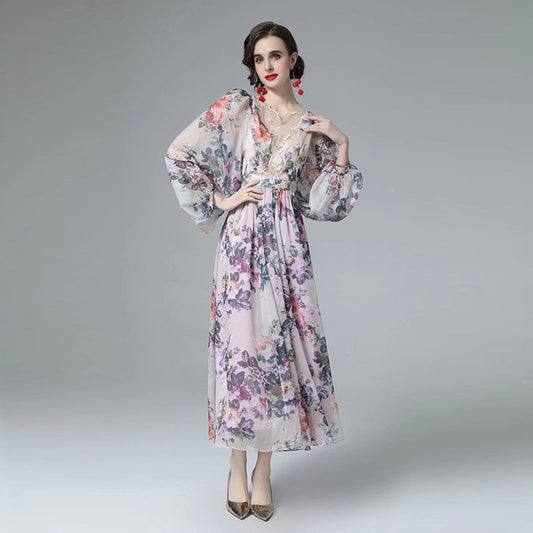 See-through Back Strap Chiffon Printed V-neck Long-sleeve Dress