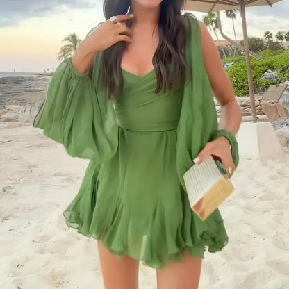 Vestido con hombros descubiertos y cuello en V con manga farol hueca a la moda para mujer