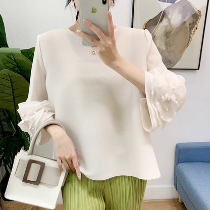 Women's Pleated Bell Sleeve Top Beaded Round Neck