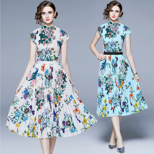 Printed Pleated Fashion Suit Two-piece Set