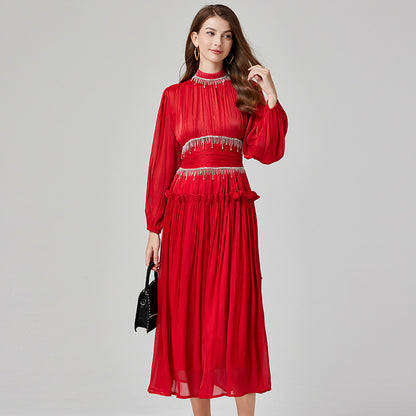 Pleated Waist Tight Long Puff Sleeve Dress