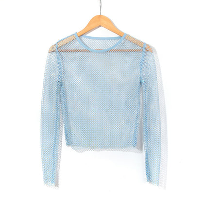 Women's Fashion Simple Solid Color Mesh Rhinestone Long Sleeve Top