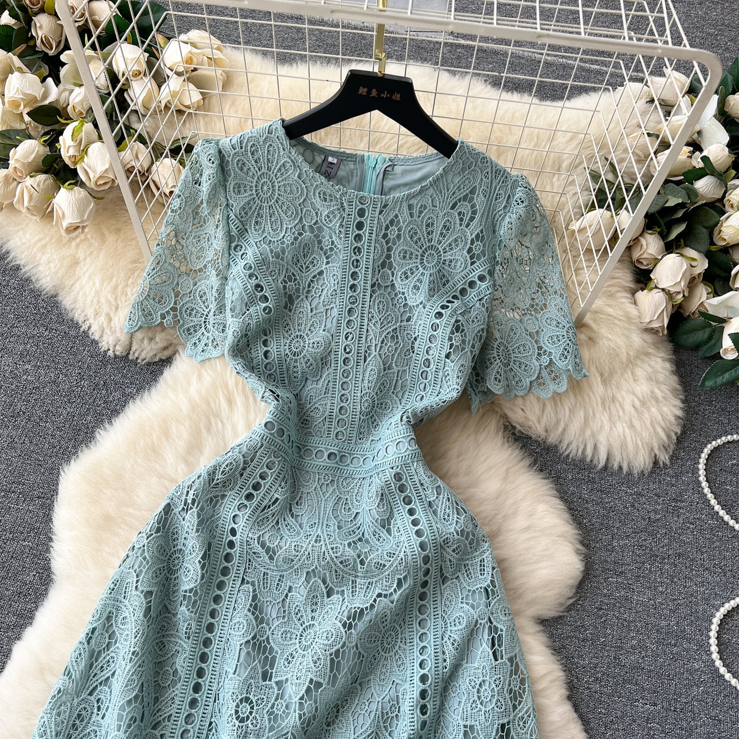 Round Neck Ruffle Sleeve Lace Dress