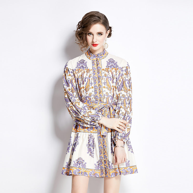 Printed Long Sleeve Retro Short Dress