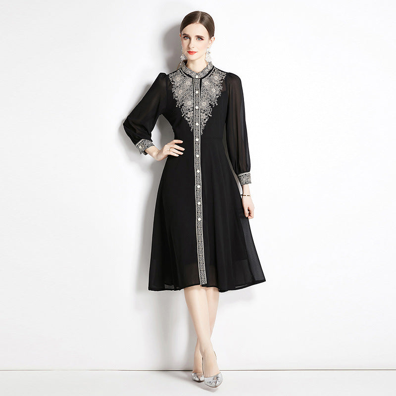 Long Sleeve Gold Thread Embroidered Elegant Midi Dress