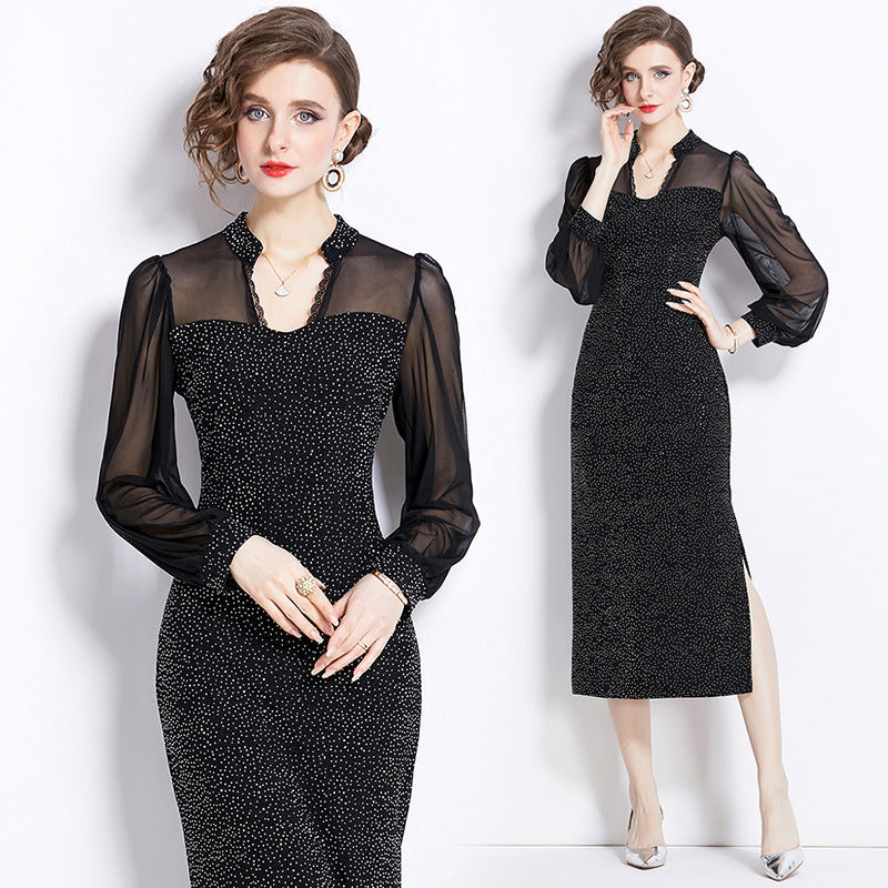 V-neck Sequins Velvet Sheath Dress Women