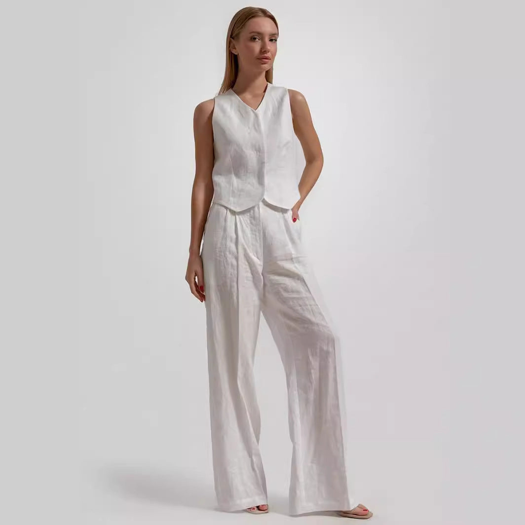 Chaleco Pantalones Traje sin mangas con cuello en V blanco puro