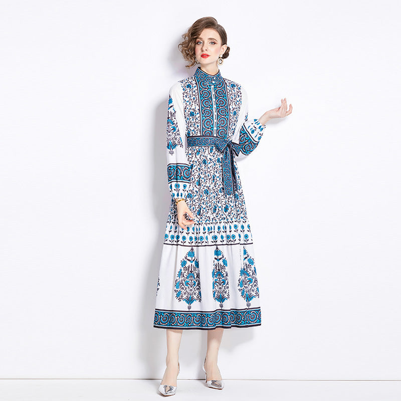 Sweet Slimming Waist Trimming Printing Elegant Big Hem Dress