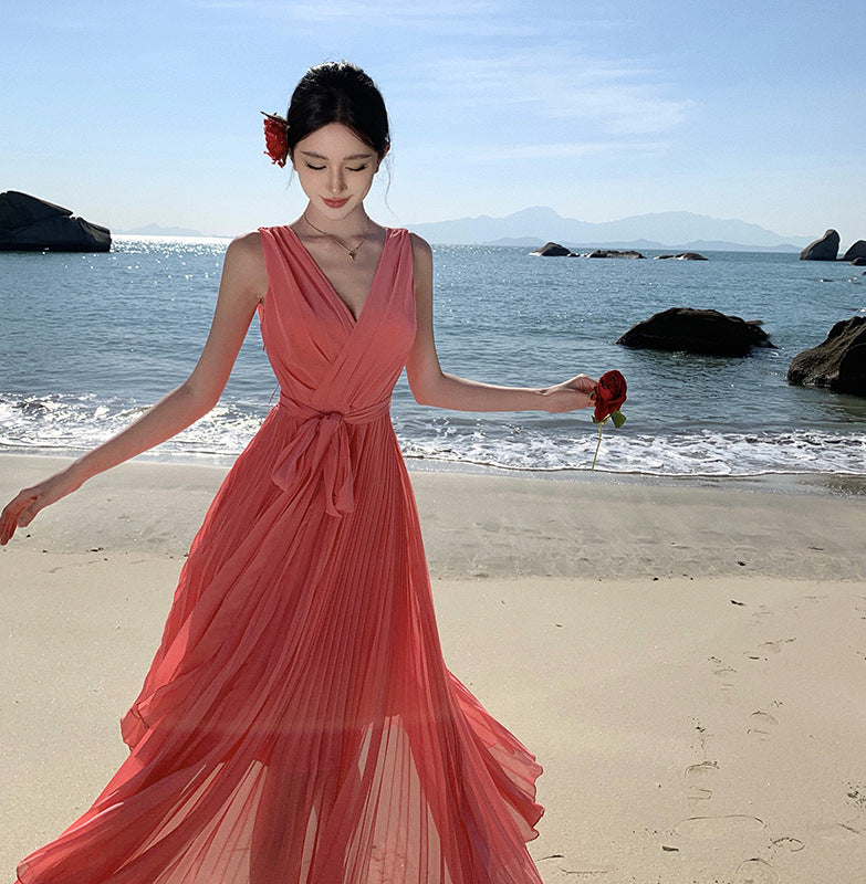 Pleated Atmosphere Big Swing Chiffon Long Dress