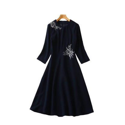 Round Neck Waist Trimming Embroidered Flower 34 Sleeve Dress