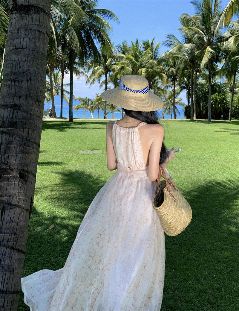 Vestido de fiesta romántico con escote halter francés, elegante, sin mangas, con hombros descubiertos, floral, junto al mar