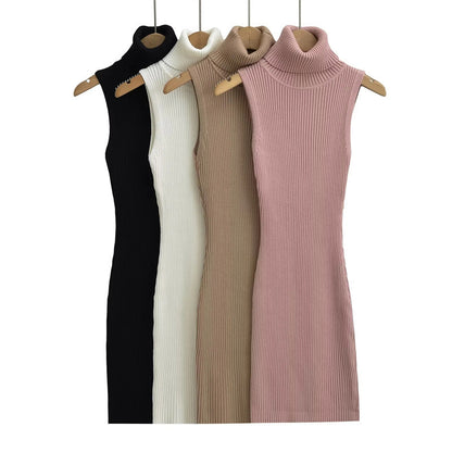 Mature Elegant Turtleneck Knitting Slim Sleeveless Vest Dress