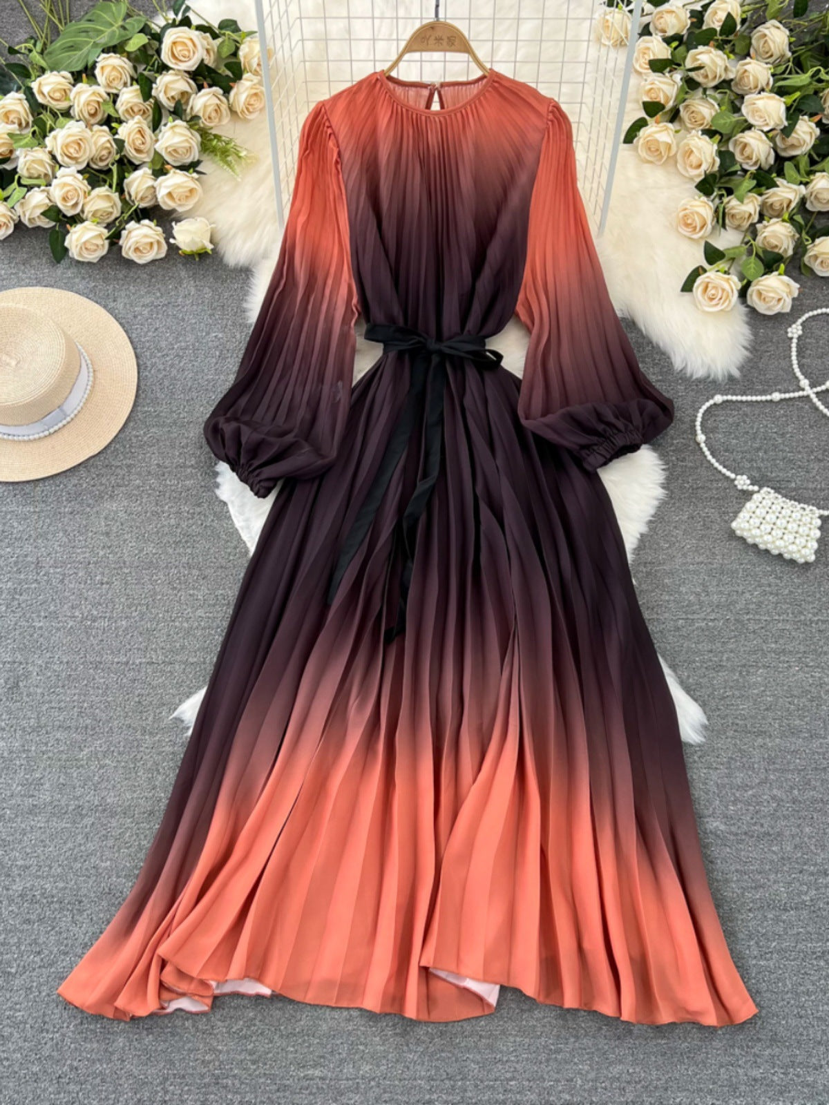 Mid-length A- Line Gradient Pleated Dress