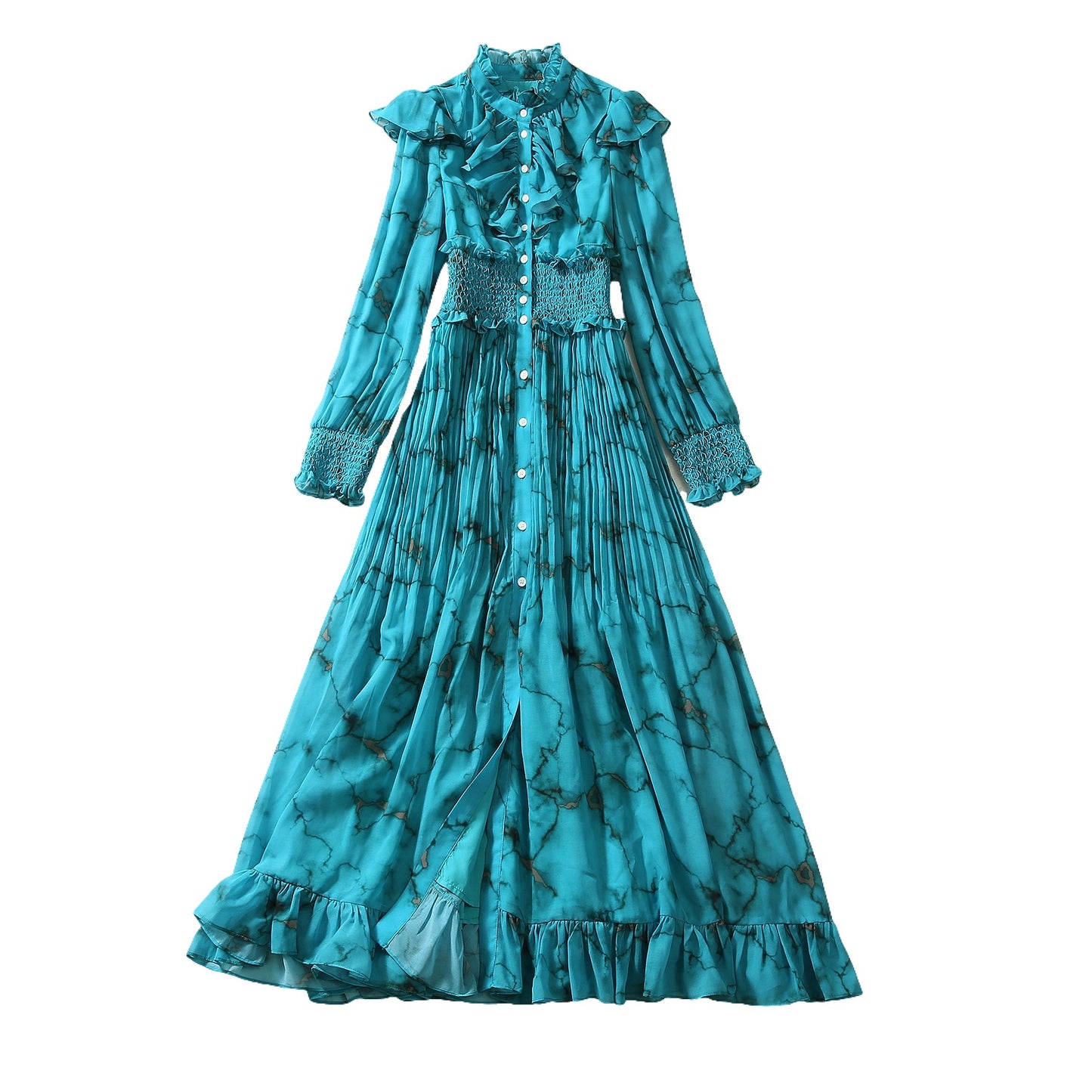 Stand Collar Ruffle Smocking Waist-controlled Long Sleeves Dress