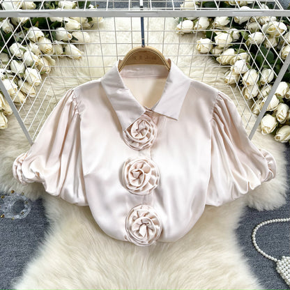 Three-dimensional Flower Puff Sleeve 1 French Satin Top