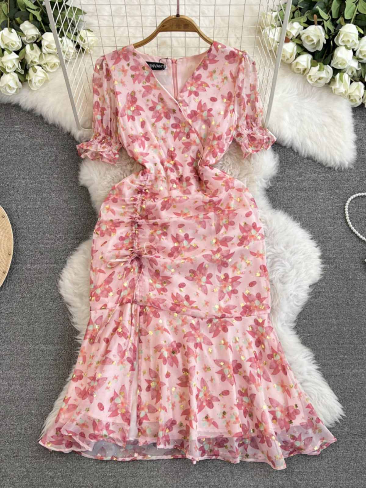 Small Floral Chiffon Dress Slim Fishtail Dress