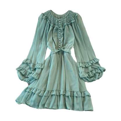 Ruffled Lantern Sleeves Round Neck Chiffon Dress