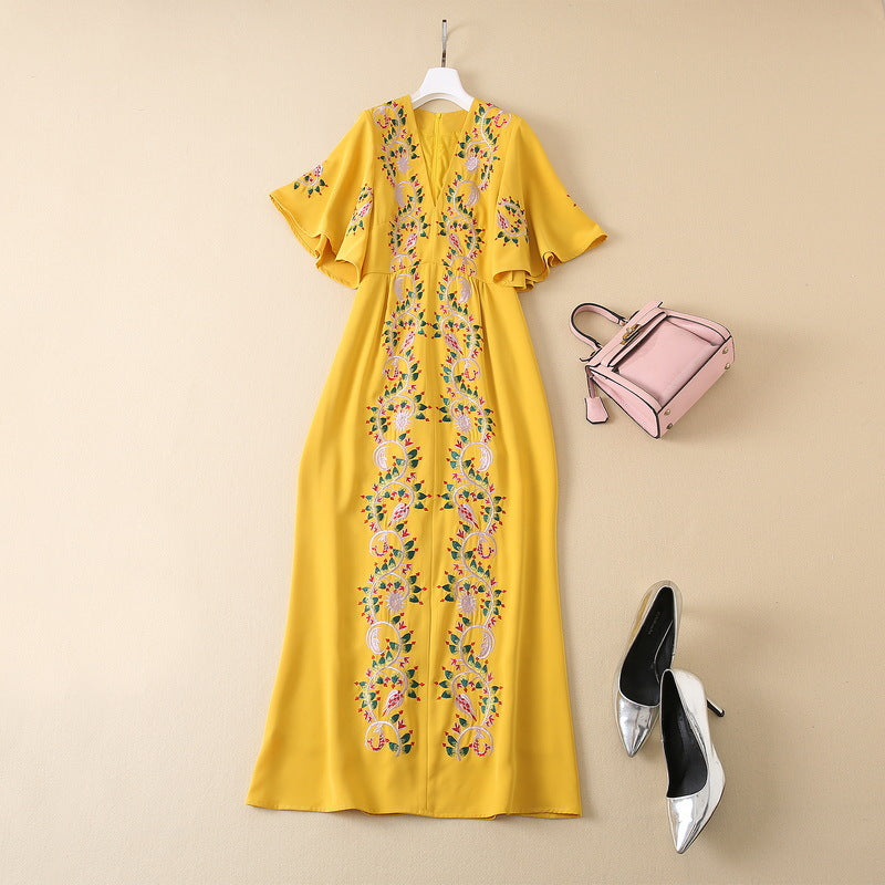 Machine Embroidery Lotus Leaf Sleeve Yellow Dress