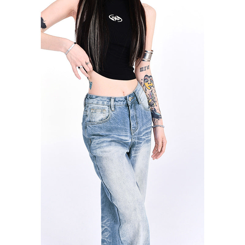 Mopping Loose Worn Looking Washed-out Denim Straight Wide-leg Pants