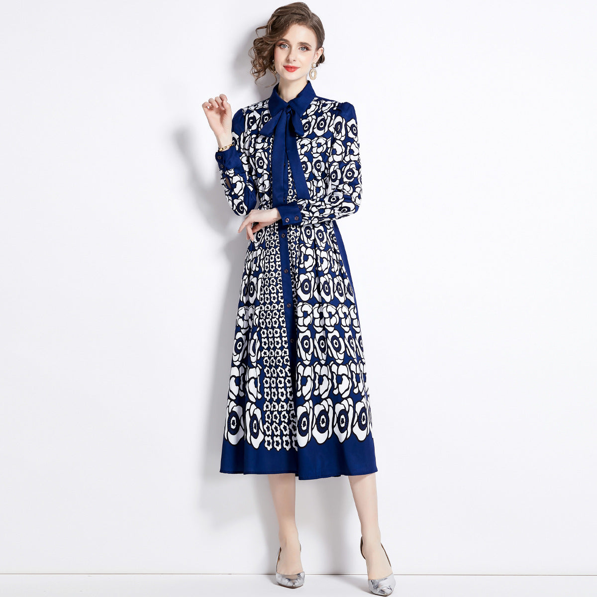 Long Sleeve Single-breasted Slim-fit Printed Dress